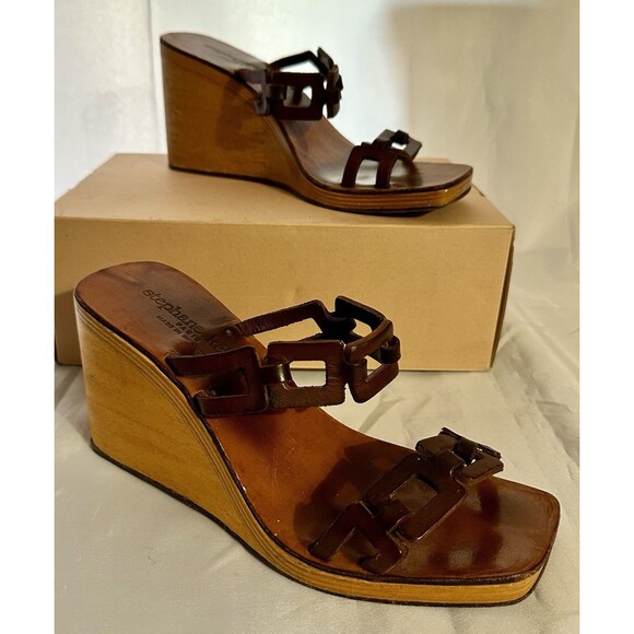 Vintage Stephane Kelian Brown Leather And Wood Platform Wedge Sandals Sz 9.5 - Picture 1 of 16